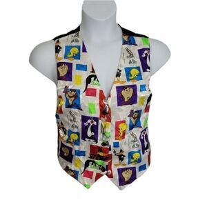 VINTAGE 90s vest Looney Tunes Warner Bros‎ character button up tie back S/M